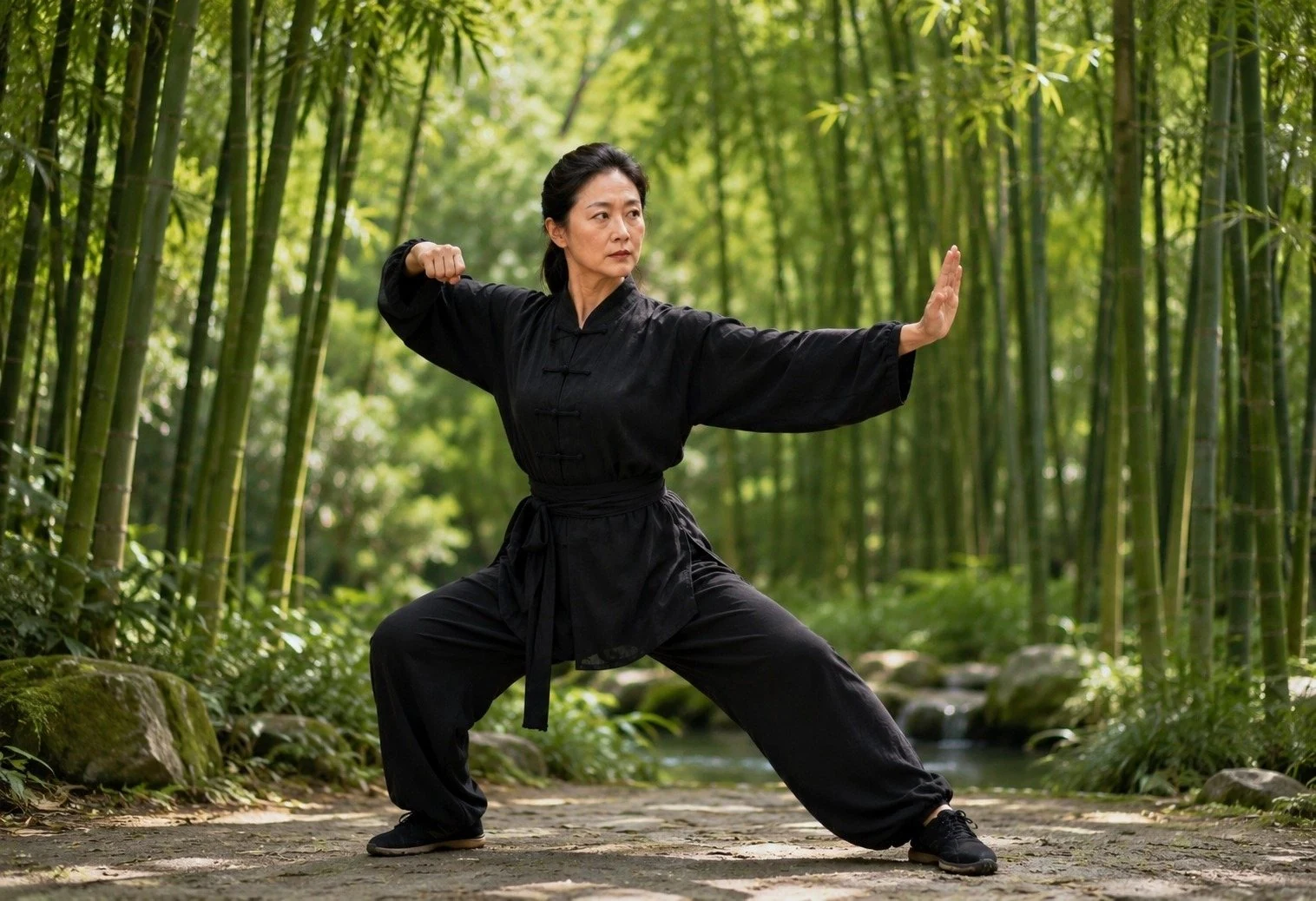 Grandma teacher demonstrating Ba Duan Jin in a bamboo forest